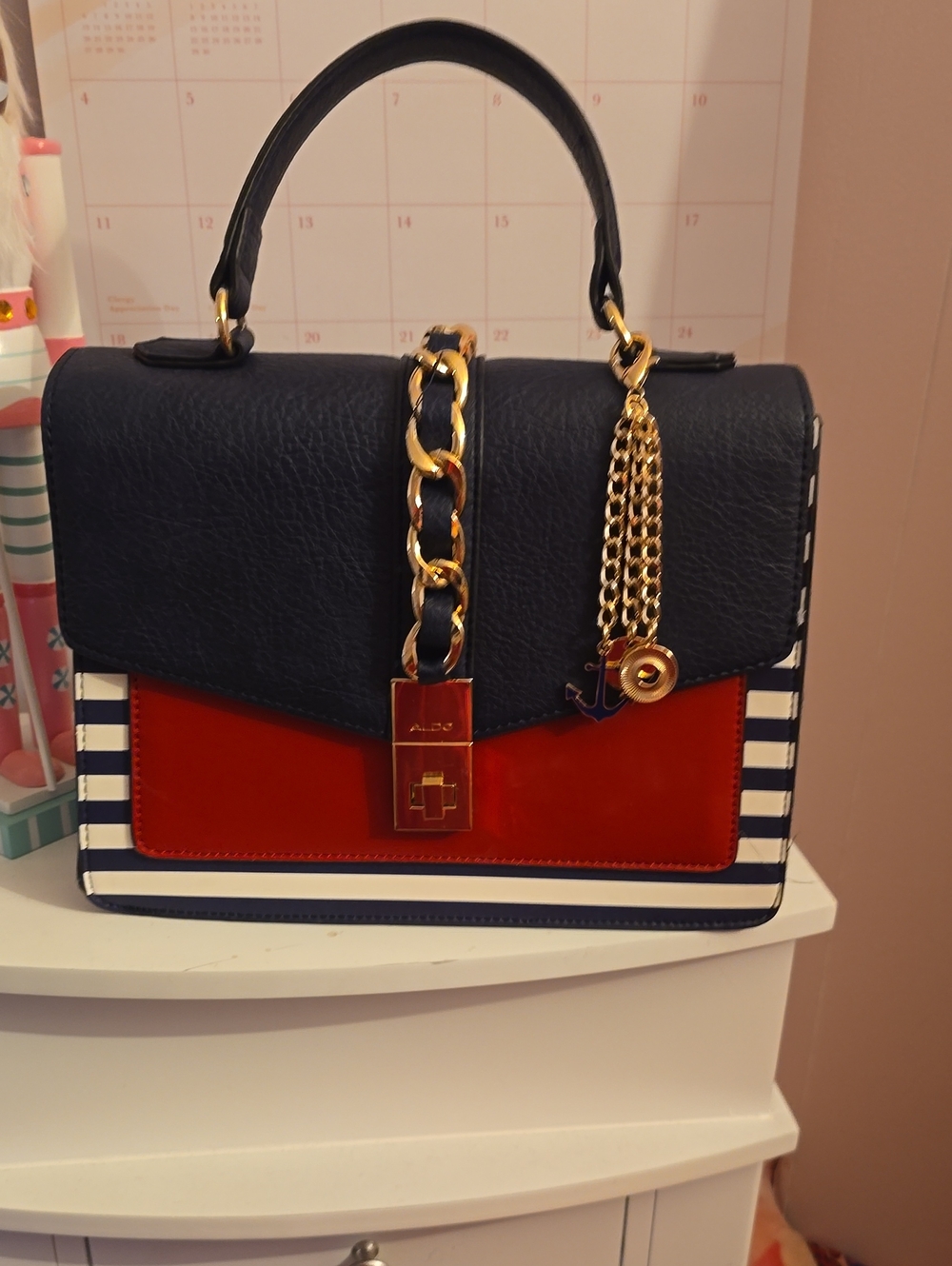 ALDO. NWOT. Navy, Red & White Striped Top-Handle Satchel